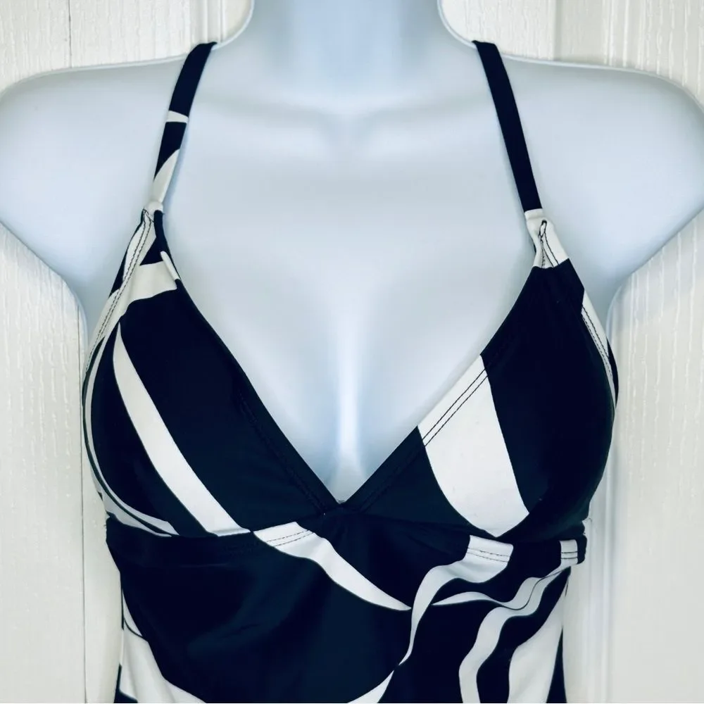 Anne Klein One Piece Abstract Bathing Suit Swimwear Size 10 Black White